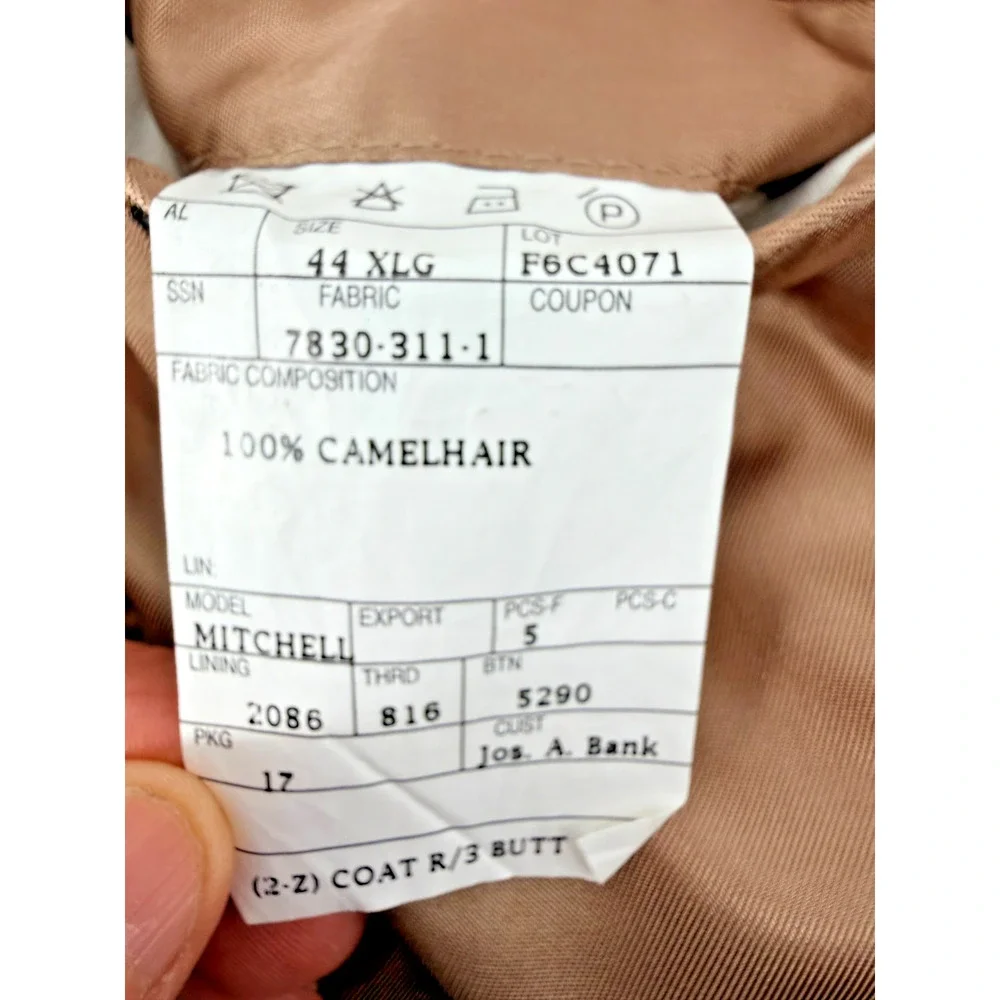 Jos A Bank 100% Camel Hair Sport Coat 44XL Houndstooth‎ Tan Navy Blazer 3-Button